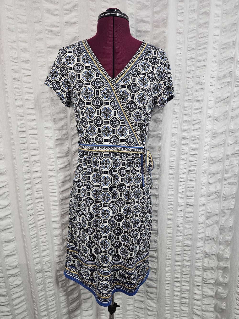 The Max Studio Blue Yellow Moroccan Medallion Faux Wrap Bohemian Style Dress